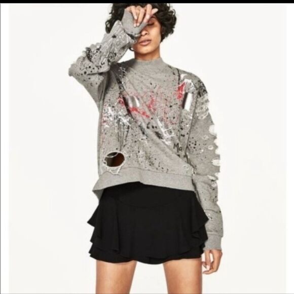 Zara Gray Graffiti Destroyed Sweatshirt size medium - Picture 1 of 8